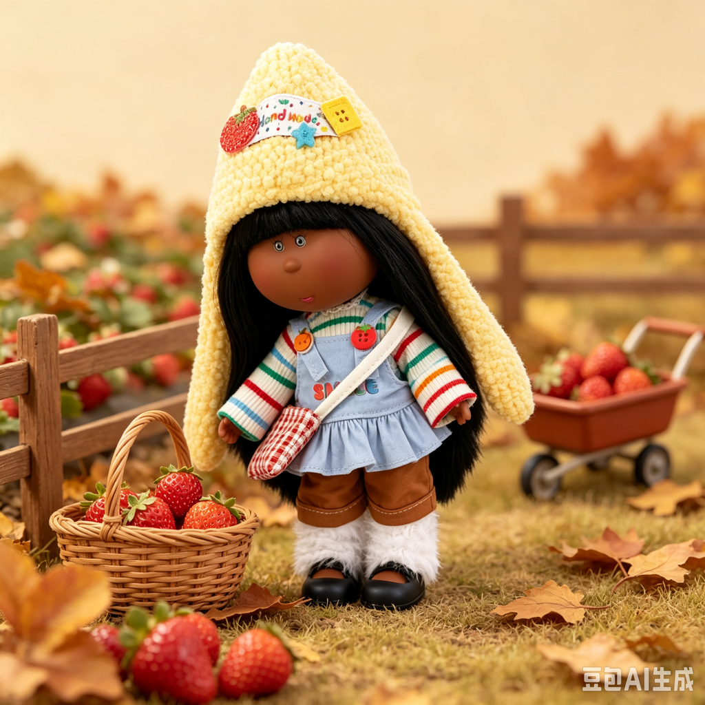 Handmade Cute Farm-Style Mia Doll – Featuring Fruit Pin Accessory, Plaid Crossbody Bag, and DIY Dress-Up Outfit; Ideal for Themed Gifts, Birthdays, and Christmas.