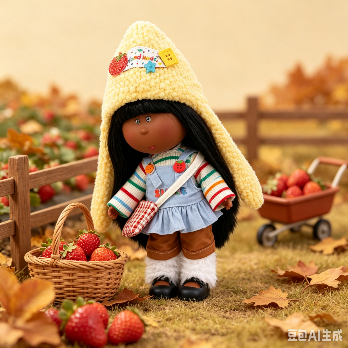 Handmade Cute Farm-Style Mia Doll – Featuring Fruit Pin Accessory, Plaid Crossbody Bag, and DIY Dress-Up Outfit; Ideal for Themed Gifts, Birthdays, and Christmas.