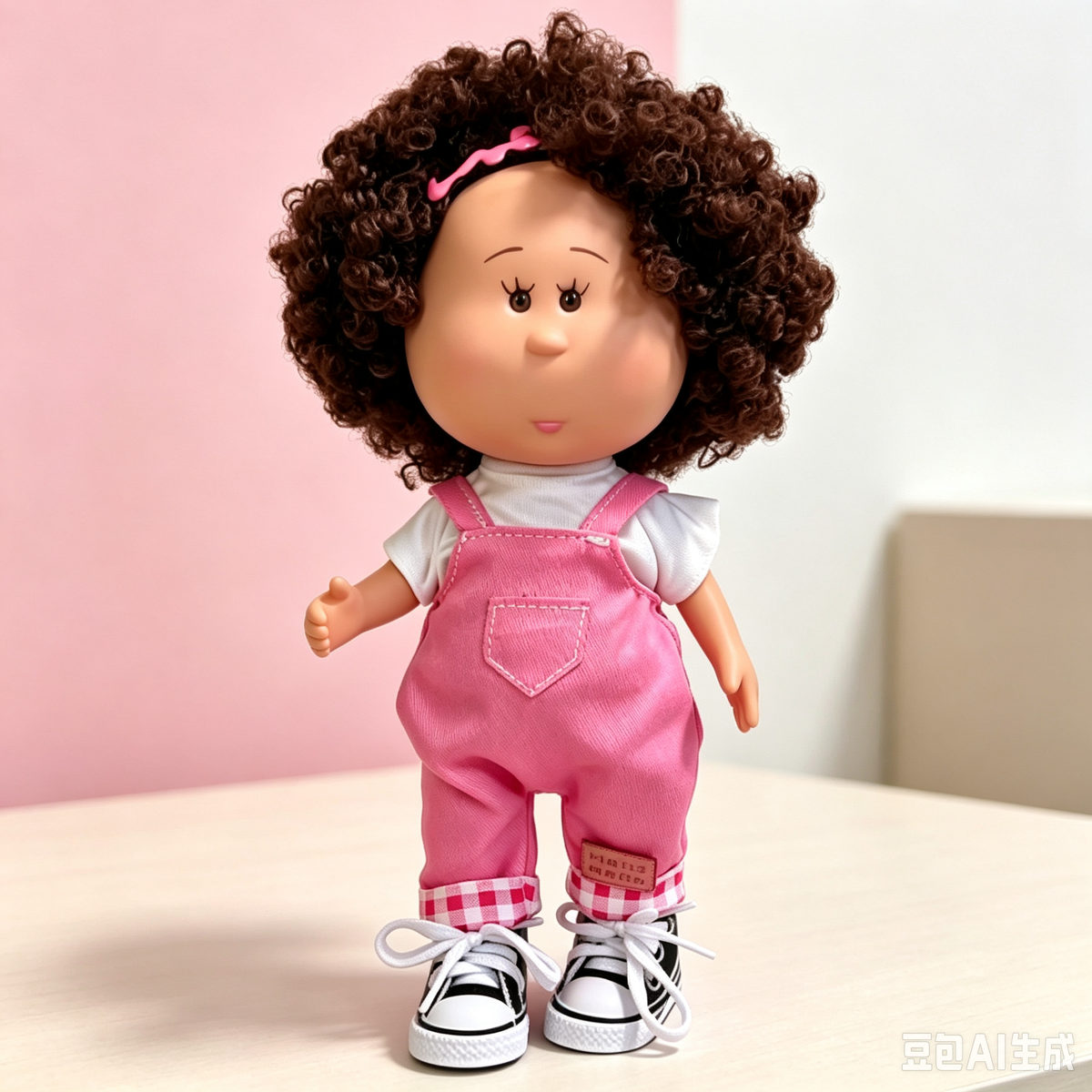 24cm MIA Potato Doll — Fluffy curly brown hair, pink headband, white ruffled-sleeve top, pink denim overalls, canvas shoes — Casual handmade-style outfit, dress-up doll; suitable for collectors and children; ideal for birthdays and Christmas gifts.