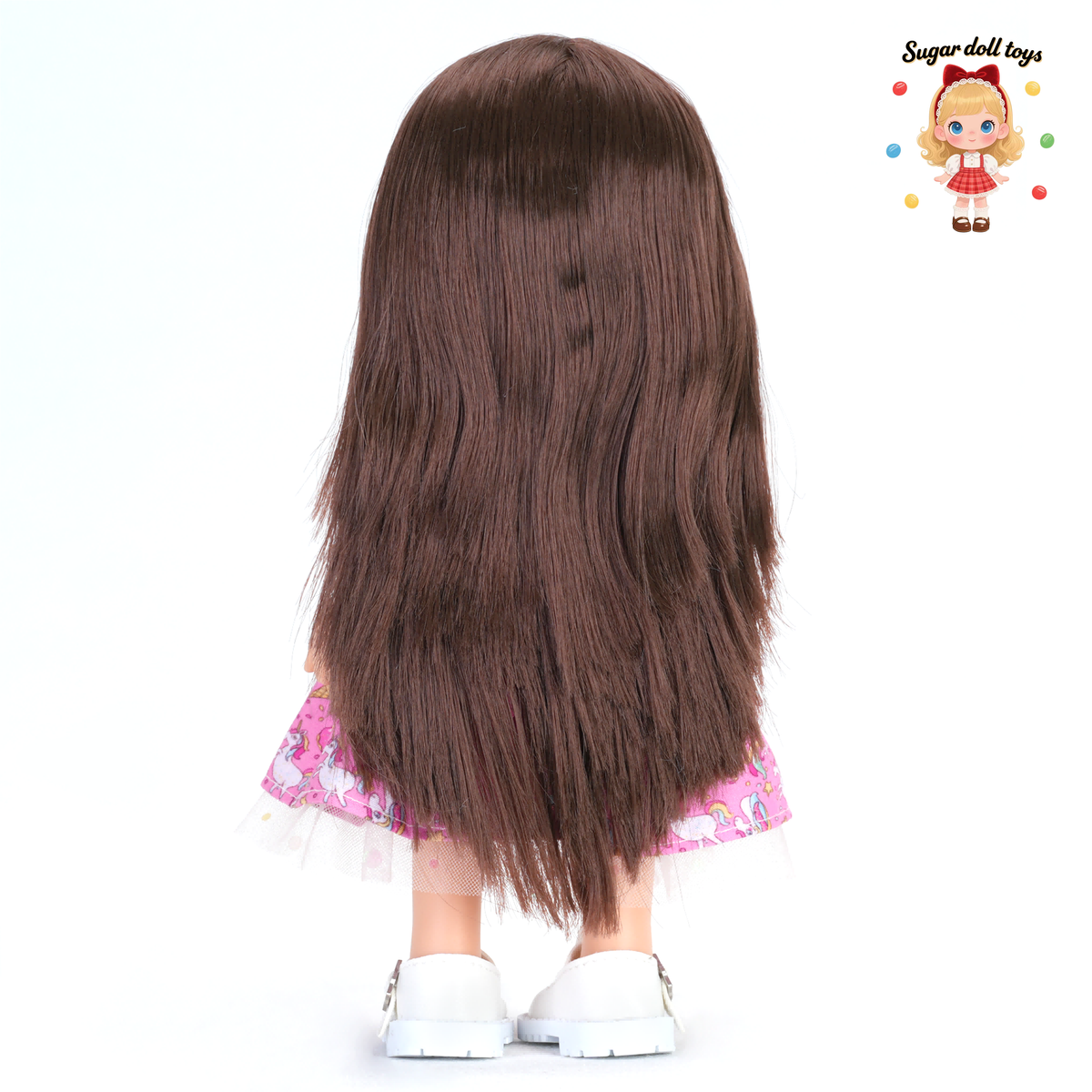 24cm Mia Freckle Long‑Face Doll, Pink Unicorn Print Tulle Dress Knit Scarf Collectible Dress‑Up Doll, Sweet Girly Gift for Girls & Doll Lovers