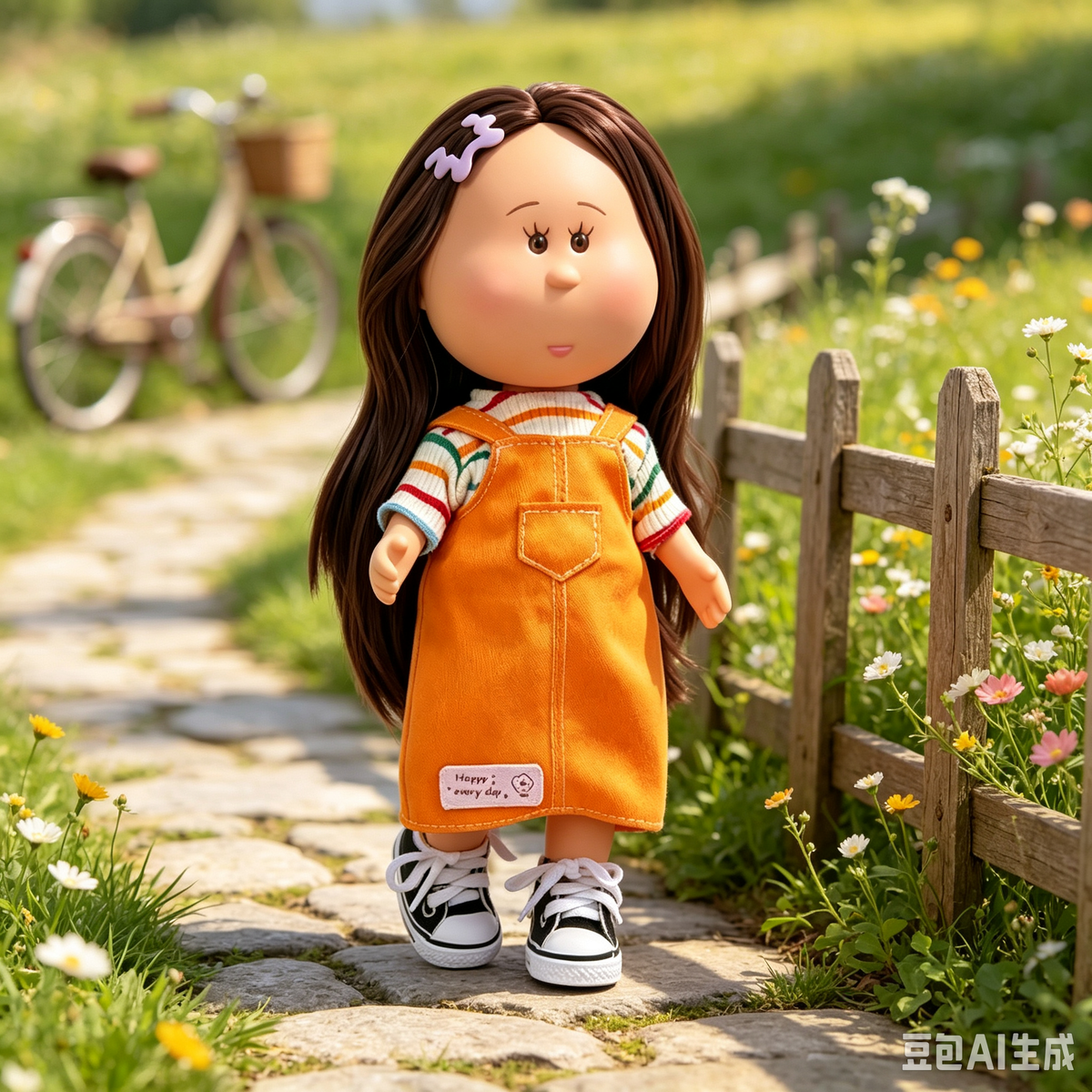 24cm MIA Potato Doll Long Brown Hair Hair Clip Striped Inner Shirt Orange Overall Skirt Canvas Sneakers Removable Sweet Daily Outfit Toy Gift for Kids Collectors