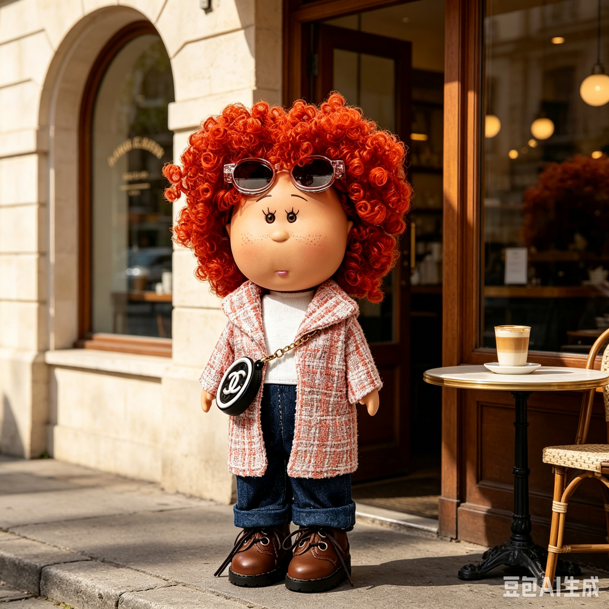 24cm MIA Potato Doll Red Afro Curly Hair Tweed Coat Outfit Sunglasses Mini Crossbody Bag Vinyl Collectible Toy