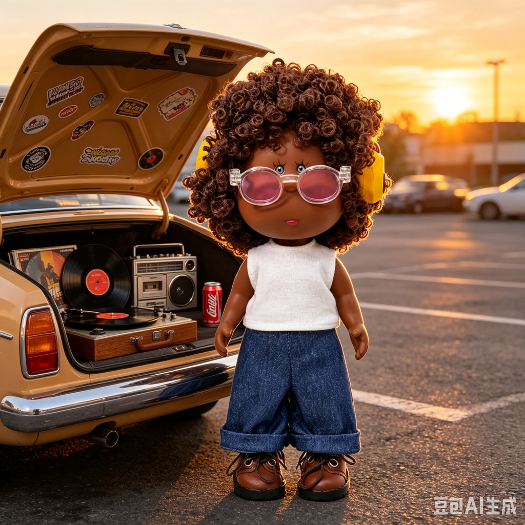 24 CM MIA Potato Vinyl Doll Dark Skin Tone Afro Curly Brown Hair Pink Lens Clear Glasses Yellow Headphones White Sleeveless Top Rolled Denim Jeans Brown Leather Shoes Removable Outfit DIY Dress Up Collectible Toy Birthday Gift For Kids & Adult Collectors