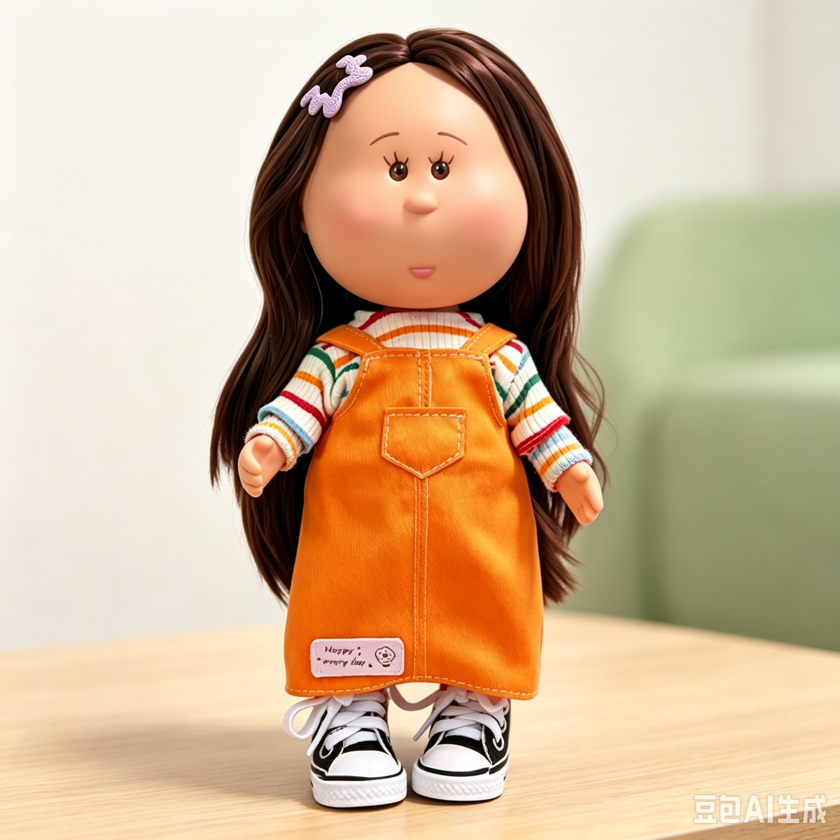 24cm MIA Potato Doll Long Brown Hair Hair Clip Striped Inner Shirt Orange Overall Skirt Canvas Sneakers Removable Sweet Daily Outfit Toy Gift for Kids Collectors