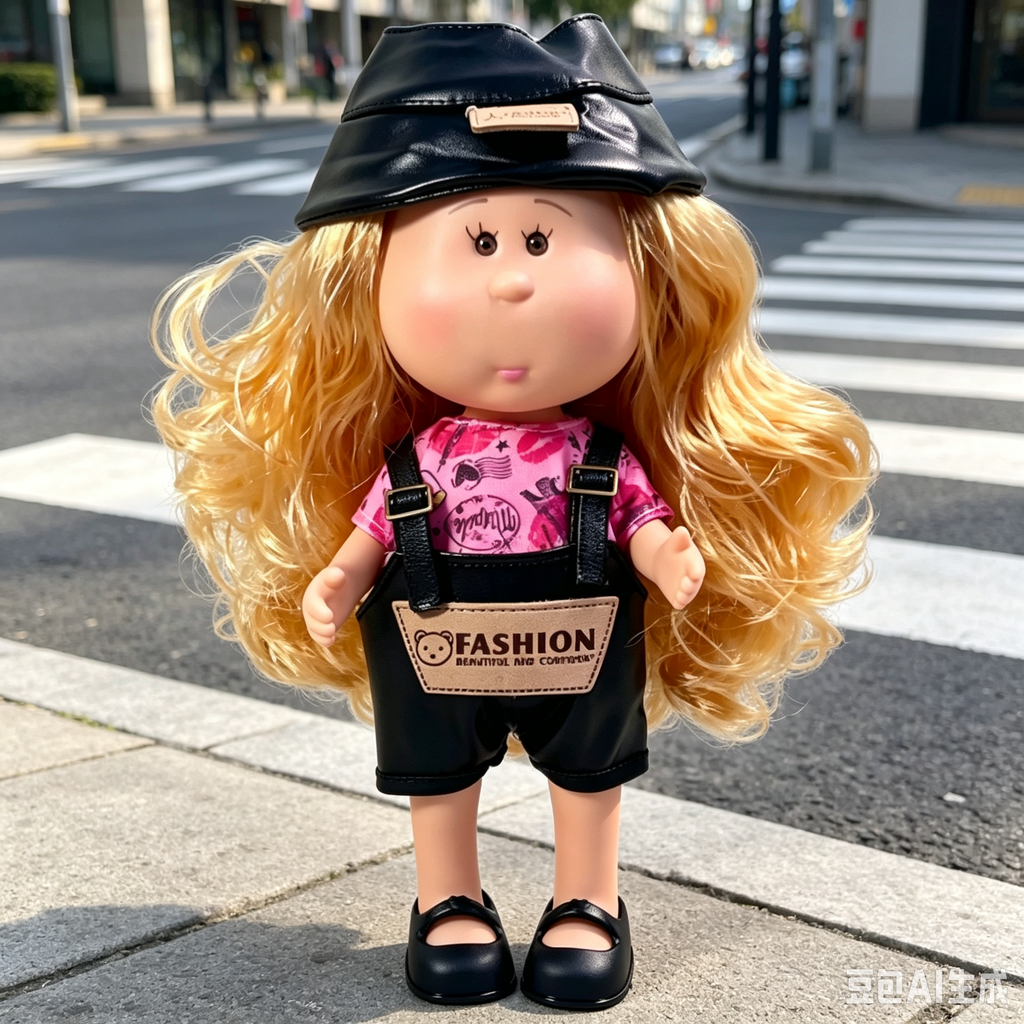 24cm MIA Potato Doll Long Blonde Wavy Hair with Black PU Bucket Hat Pink Printed Short‑Sleeve Shirt Black PU Overalls Black Mary Jane Shoes Fashion Dress‑Up Toy Birthday Christmas Gift for Children