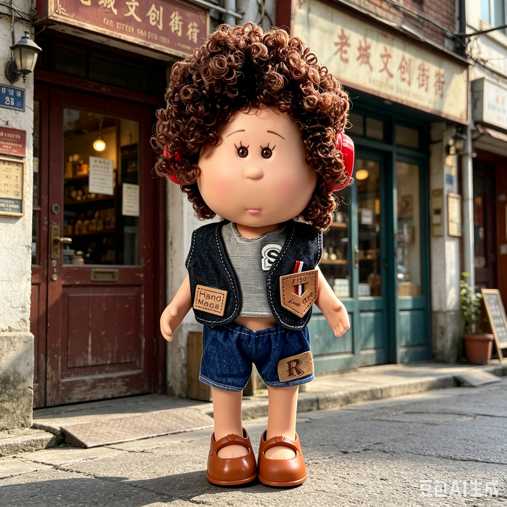 24cm MIA Potato Doll Brown Curly Hair with Red Headphones Gray Inner Shirt Denim Vest Denim Shorts Brown Mary Jane Shoes Fashion Dress‑Up Toy Birthday Christmas Gift for Children