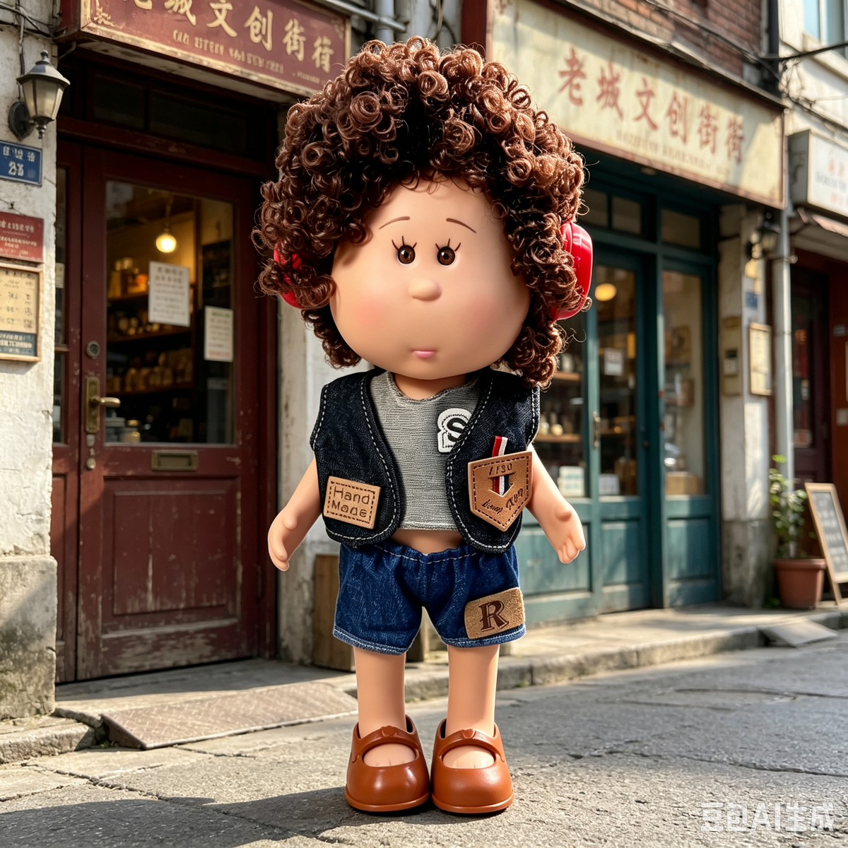 24cm MIA Potato Doll Brown Curly Hair with Red Headphones Gray Inner Shirt Denim Vest Denim Shorts Brown Mary Jane Shoes Fashion Dress‑Up Toy Birthday Christmas Gift for Children