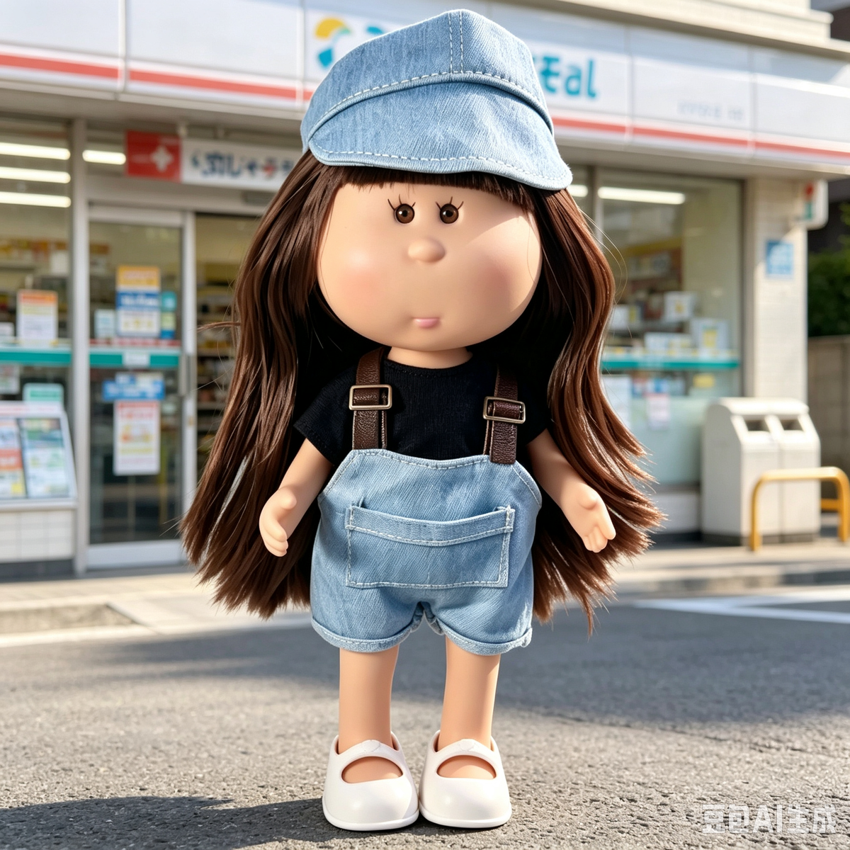 24cm MIA Potato Doll – Long Brown Hair with Bangs, Denim Cap, Denim Overalls, White Flat Shoes. Vintage Casual Style Doll—perfect as a birthday, Christmas, Children’s Day gift for imaginative play.