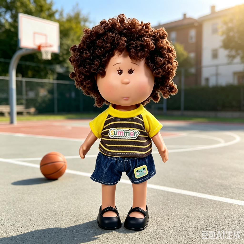 24cm MIA Potato Doll – Curly Brown Hair, Summer Casual Outfit, Denim Shorts, Black Leather Shoes. Boy‑style daily play doll—perfect as a birthday, Christmas, Children’s Day gift for imaginative play.