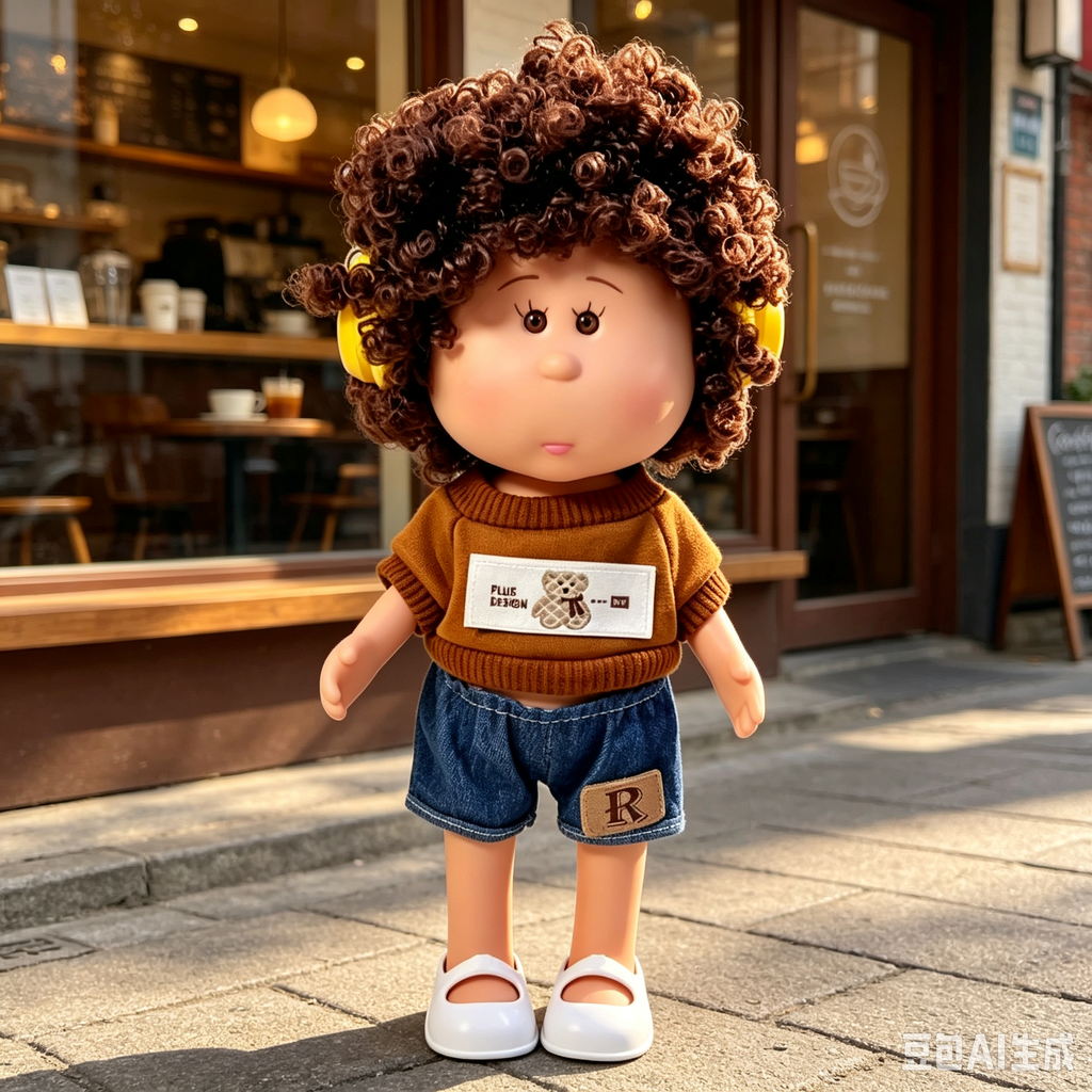 24cm MIA Potato Doll Brown Curly Hair with Yellow Headphones Knit Top Denim Shorts White Flat Shoes Fashion Dress‑Up Toy Birthday Christmas Gift for Children