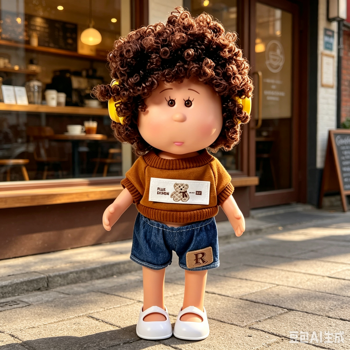 24cm MIA Potato Doll Brown Curly Hair with Yellow Headphones Knit Top Denim Shorts White Flat Shoes Fashion Dress‑Up Toy Birthday Christmas Gift for Children