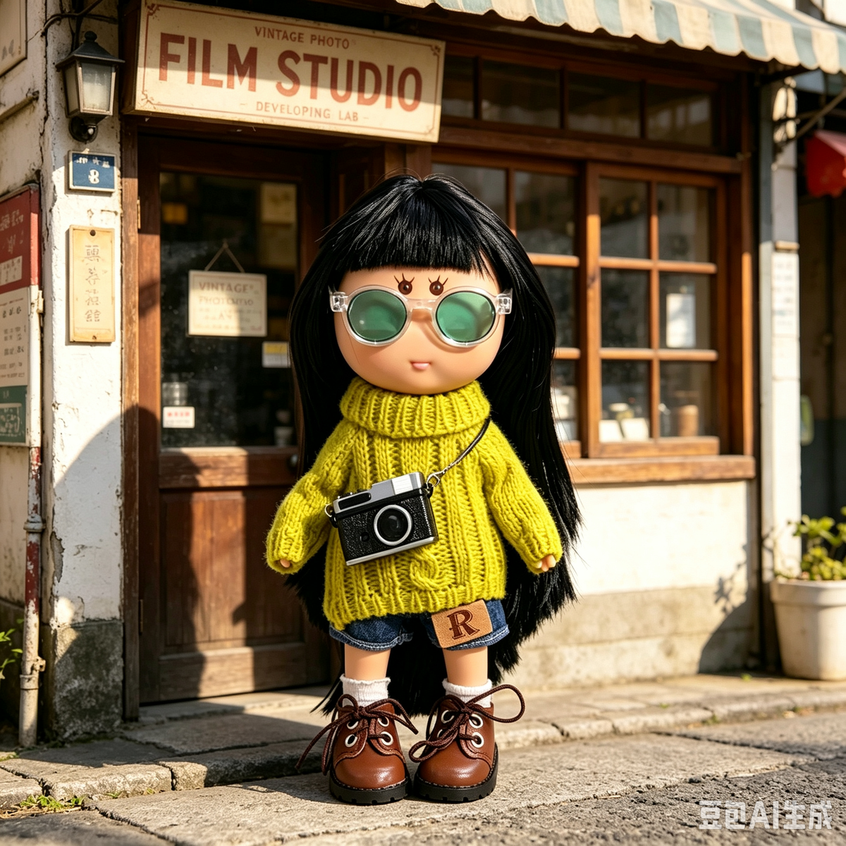 24cm MIA Potato Doll Long Straight Black Hair with Green‑Lens Sunglasses Bright Yellow Cable‑Knit Turtleneck Sweater R‑Patch Denim Shorts Mini Camera Crossbody Bag Brown Lace‑Up Leather Shoes Fashion Dress‑Up Toy Birthday Christmas Gift for Children