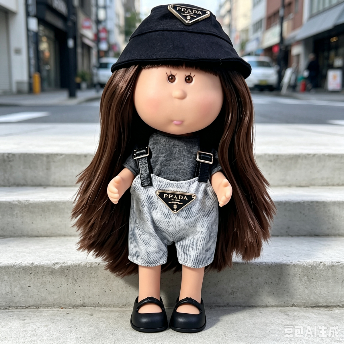 24cm MIA Potato Doll – Long Brown Hair, Fashion Bucket Hat, Overall Shorts, Black Flat Shoes. High‑street fashion doll—perfect as a birthday, Christmas, Children’s Day gift for imaginative play.