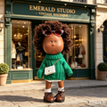 24cm MIA Potato Doll Fluffy Brown Curly Hair with Red‑Tint Sunglasses Thick Cable‑Knit Green Turtleneck Sweater White Quilted Mini Crossbody Bag White Crew Socks Brown Lace‑Up Leather Shoes Fashion Dress‑Up Toy Birthday Christmas Gift for Children