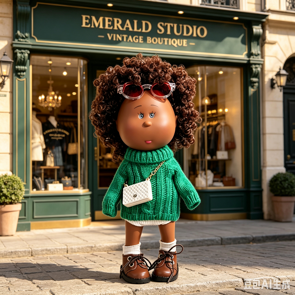 24cm MIA Potato Doll Fluffy Brown Curly Hair with Red‑Tint Sunglasses Thick Cable‑Knit Green Turtleneck Sweater White Quilted Mini Crossbody Bag White Crew Socks Brown Lace‑Up Leather Shoes Fashion Dress‑Up Toy Birthday Christmas Gift for Children