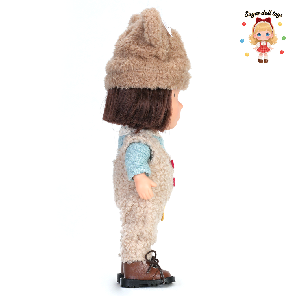24cm Mia Freckle Long‑Face Doll, Bear Fluffy Hat Fleece Overalls Knit Top Collectible Dress‑Up Doll, Cute Warm Winter Gift for Girls & Doll Lovers