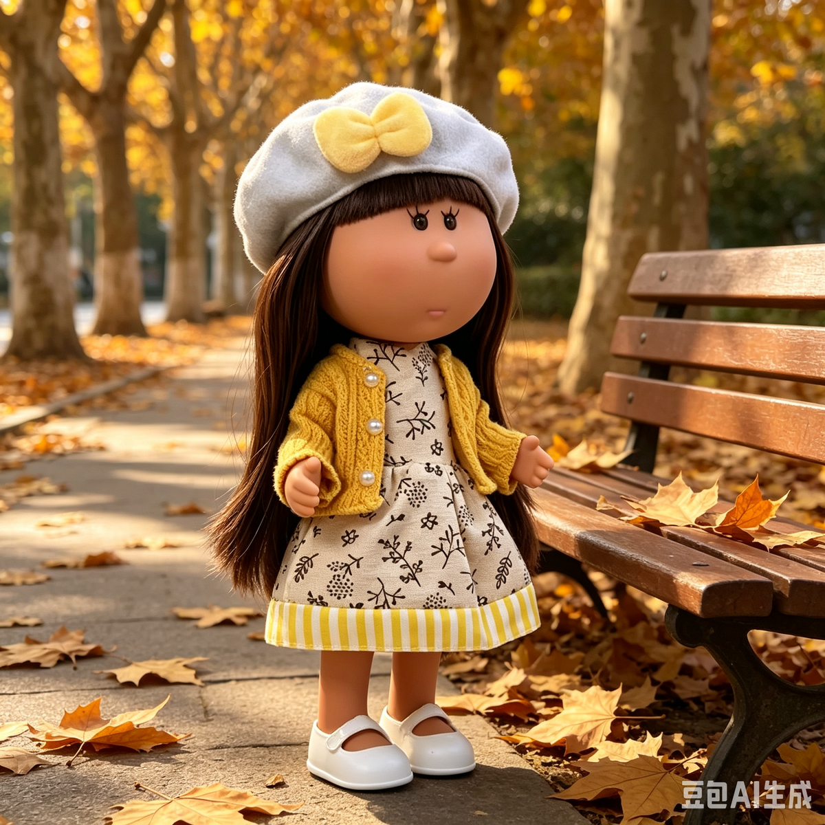 24cm MIA Potato Doll – Long Brown Hair with Straight Bangs, Gray Beret with Yellow Plush Bow, White Mary Jane Shoes. An elegant autumn-style doll—perfect as a birthday, Christmas, or Thanksgiving gift for imaginative play.