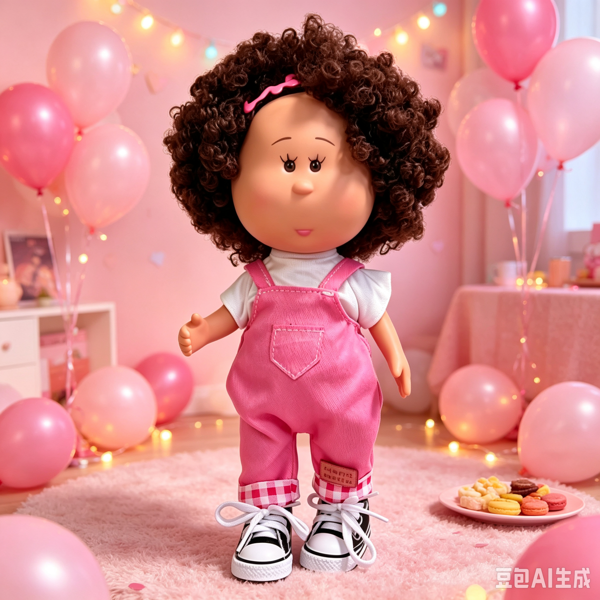 24cm MIA Potato Doll — Fluffy curly brown hair, pink headband, white ruffled-sleeve top, pink denim overalls, canvas shoes — Casual handmade-style outfit, dress-up doll; suitable for collectors and children; ideal for birthdays and Christmas gifts.