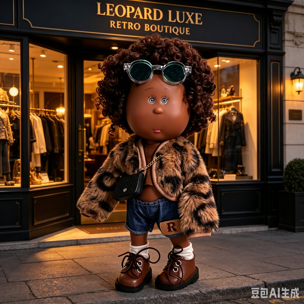 Luxury Street Style MIA Potato Doll 24cm Brown Afro Curly Hair Doll Fur Denim Outfit Pretend Play Collectible Toy Holiday Present for Boys & Girls