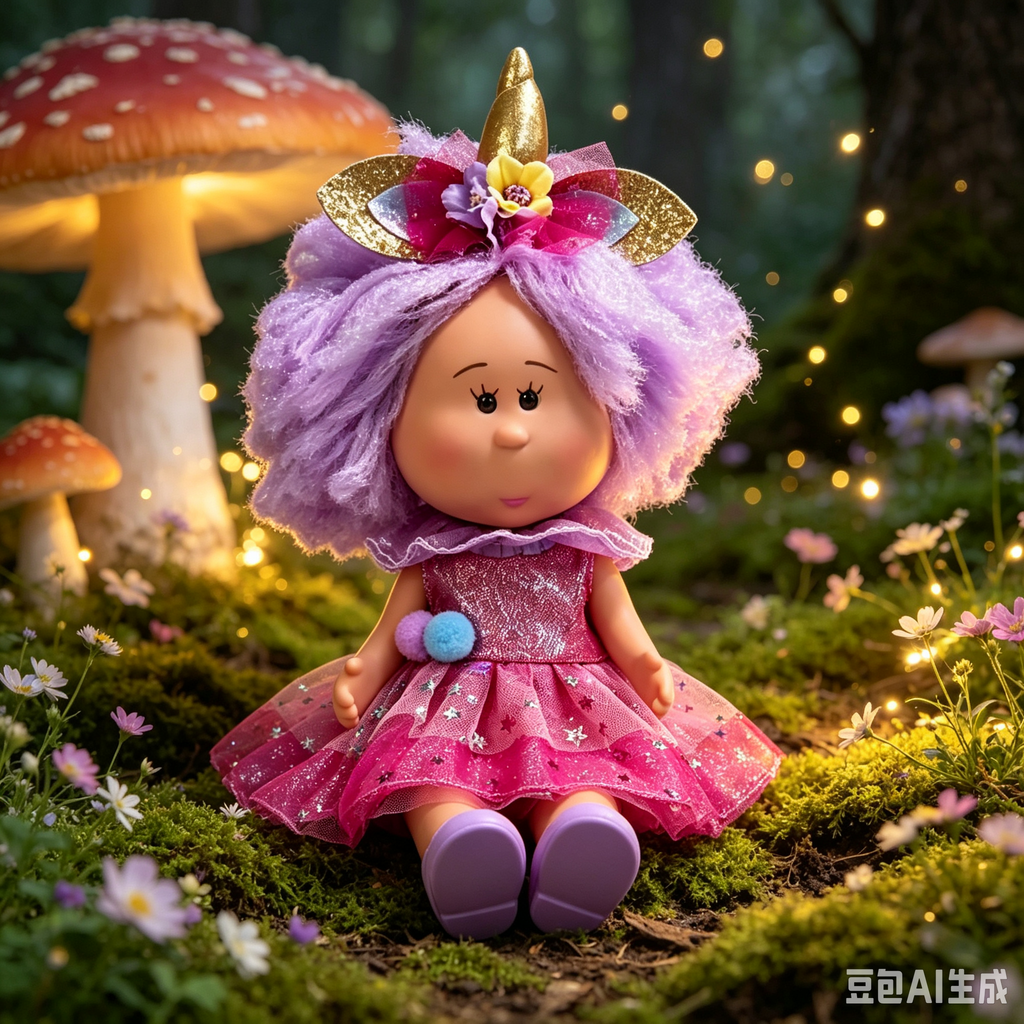 24cm MIA Potato Doll – Fluffy Purple Sparkly Hair with Golden Unicorn Horn Headpiece, Glittery Pink Star‑Print Tulle Dress with Ruffled Collar and Pom‑pom Accents, perfect as a birthday, Christmas, or Halloween gift