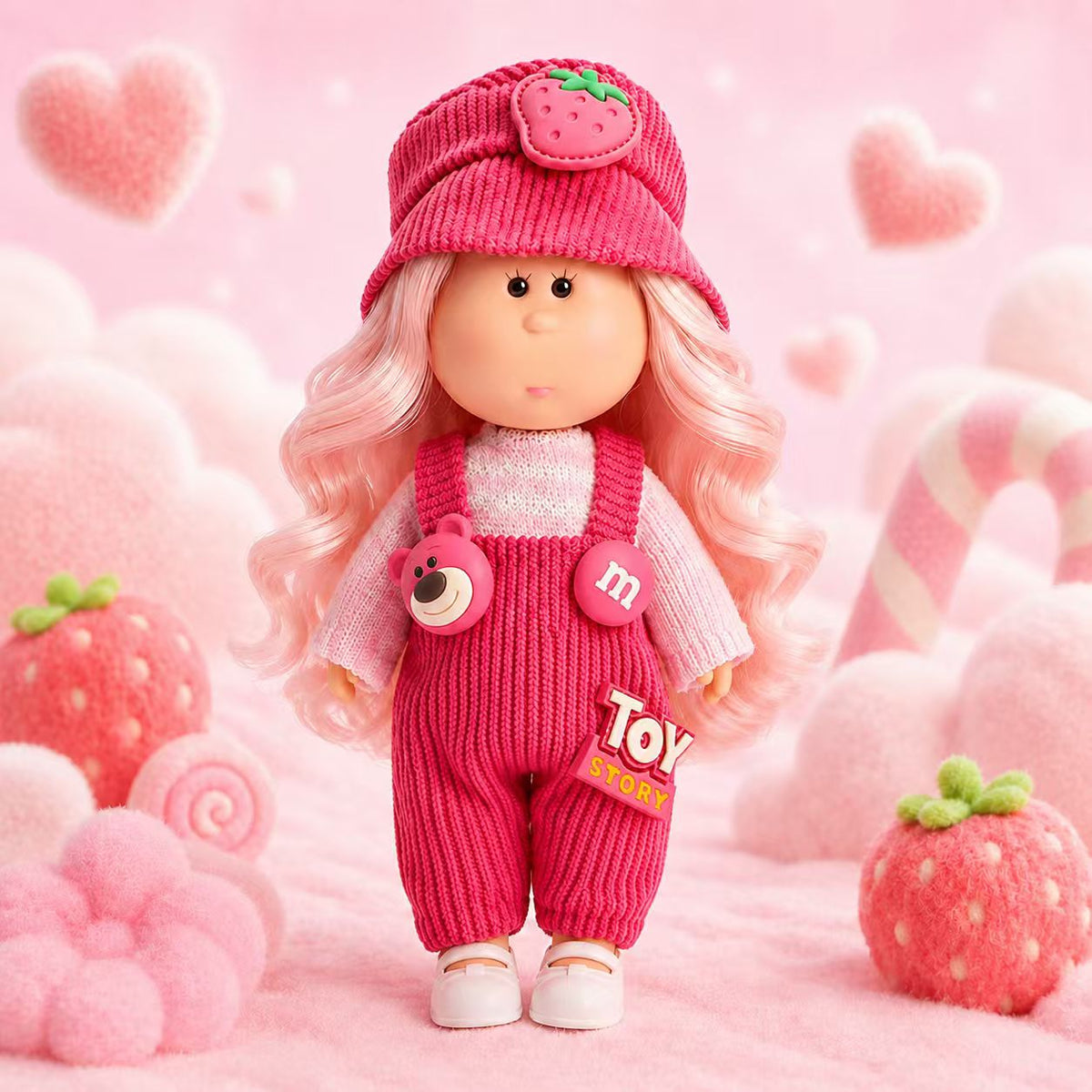 14cm MIA Potato Doll Keychain, Pink Wavy Hair Strawberry Knit Hat Pink Knit Overalls Sweet Girl Style Backpack Charm Holiday Gift