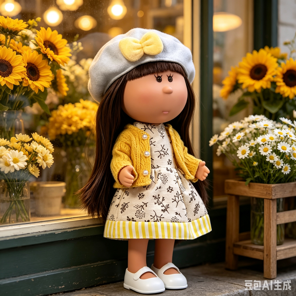 24cm MIA Potato Doll – Long Brown Hair with Straight Bangs, Gray Beret with Yellow Plush Bow, White Mary Jane Shoes. An elegant autumn-style doll—perfect as a birthday, Christmas, or Thanksgiving gift for imaginative play.