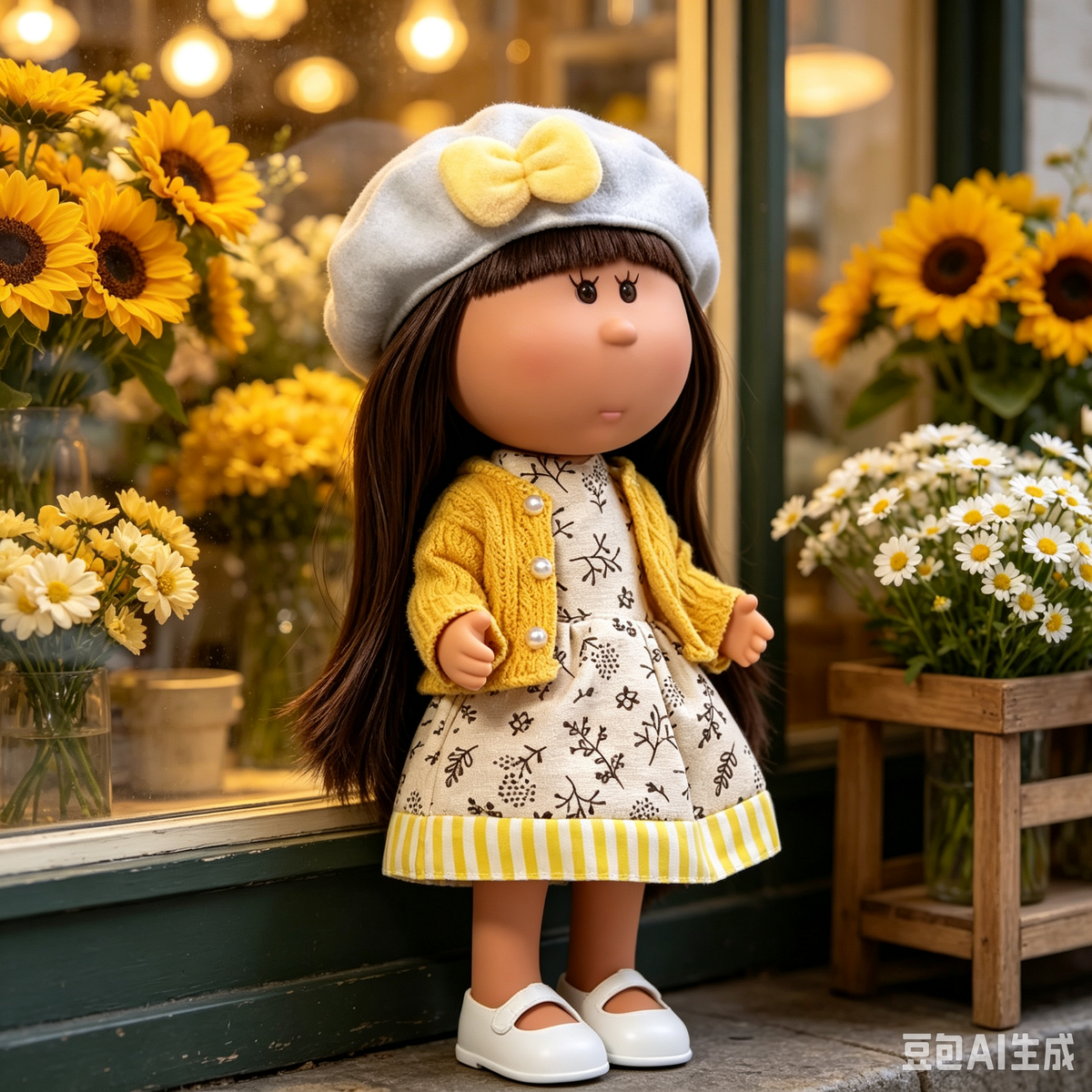 24cm MIA Potato Doll – Long Brown Hair with Straight Bangs, Gray Beret with Yellow Plush Bow, White Mary Jane Shoes. An elegant autumn-style doll—perfect as a birthday, Christmas, or Thanksgiving gift for imaginative play.