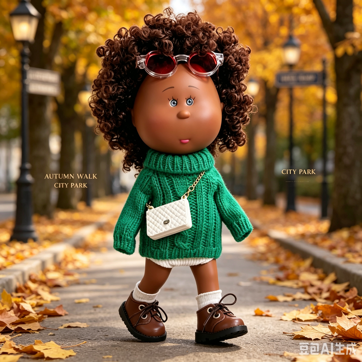 24cm MIA Potato Doll Fluffy Brown Curly Hair with Red‑Tint Sunglasses Thick Cable‑Knit Green Turtleneck Sweater White Quilted Mini Crossbody Bag White Crew Socks Brown Lace‑Up Leather Shoes Fashion Dress‑Up Toy Birthday Christmas Gift for Children