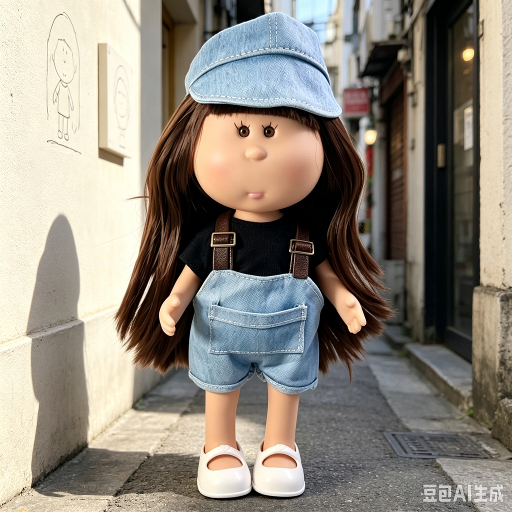 24cm MIA Potato Doll – Long Brown Hair with Bangs, Denim Cap, Denim Overalls, White Flat Shoes. Vintage Casual Style Doll—perfect as a birthday, Christmas, Children’s Day gift for imaginative play.
