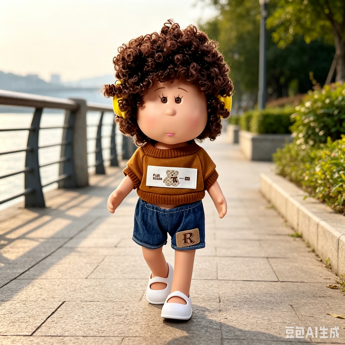 24cm MIA Potato Doll Brown Curly Hair with Yellow Headphones Knit Top Denim Shorts White Flat Shoes Fashion Dress‑Up Toy Birthday Christmas Gift for Children