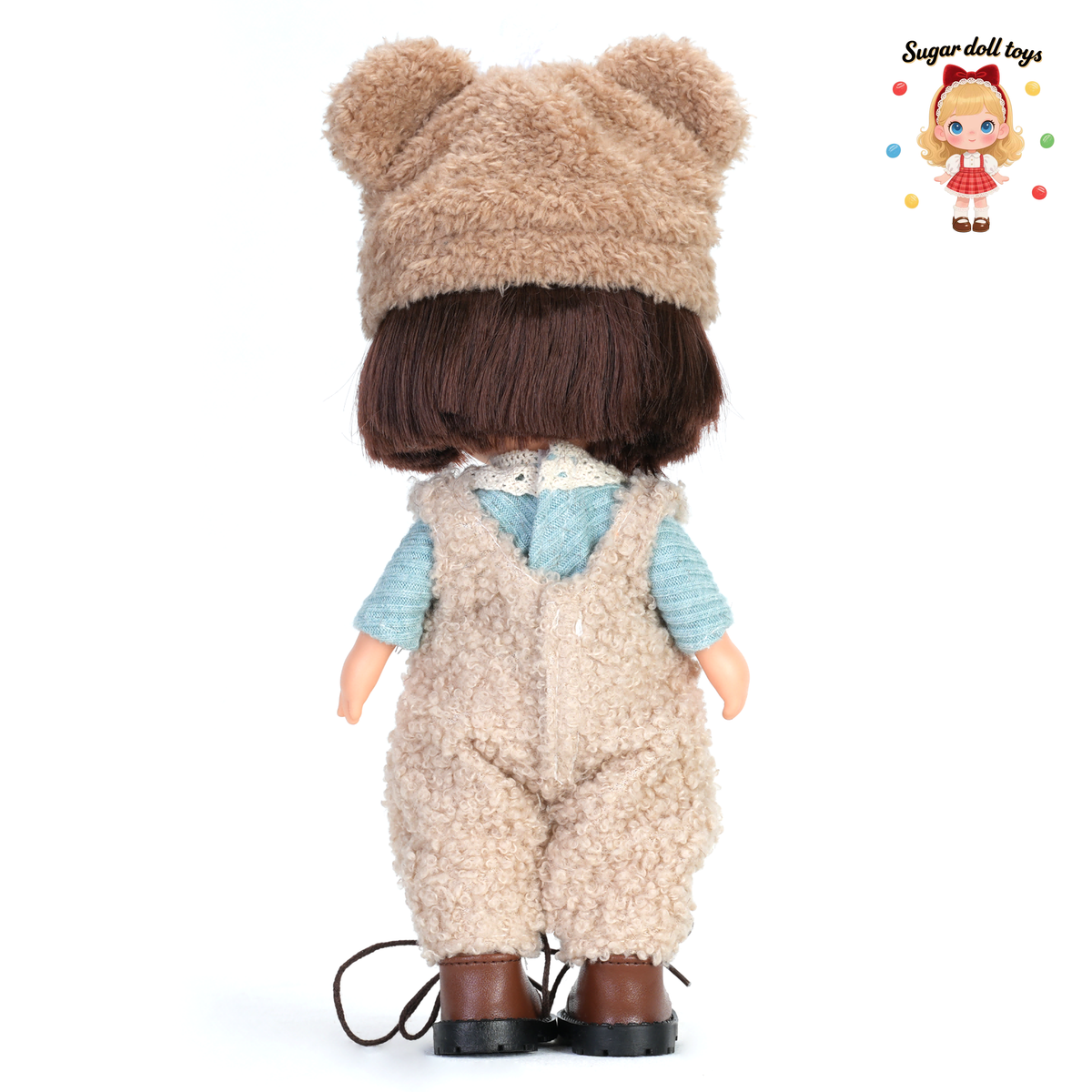 24cm Mia Freckle Long‑Face Doll, Bear Fluffy Hat Fleece Overalls Knit Top Collectible Dress‑Up Doll, Cute Warm Winter Gift for Girls & Doll Lovers
