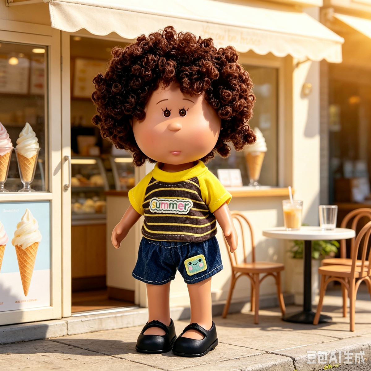 24cm MIA Potato Doll – Curly Brown Hair, Summer Casual Outfit, Denim Shorts, Black Leather Shoes. Boy‑style daily play doll—perfect as a birthday, Christmas, Children’s Day gift for imaginative play.