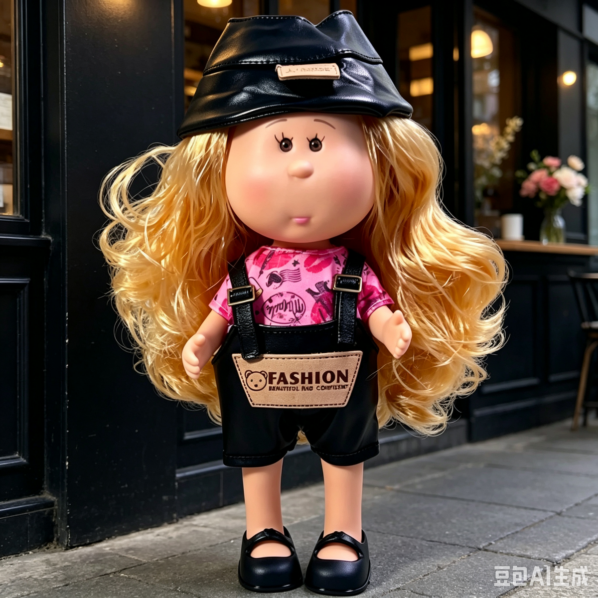 24cm MIA Potato Doll Long Blonde Wavy Hair with Black PU Bucket Hat Pink Printed Short‑Sleeve Shirt Black PU Overalls Black Mary Jane Shoes Fashion Dress‑Up Toy Birthday Christmas Gift for Children