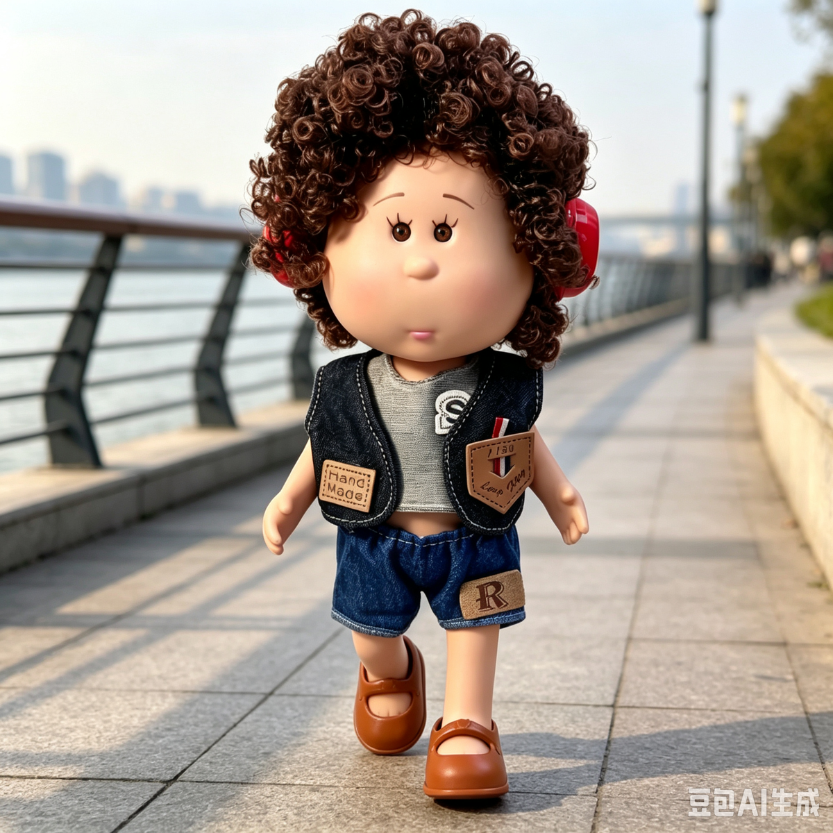 24cm MIA Potato Doll Brown Curly Hair with Red Headphones Gray Inner Shirt Denim Vest Denim Shorts Brown Mary Jane Shoes Fashion Dress‑Up Toy Birthday Christmas Gift for Children