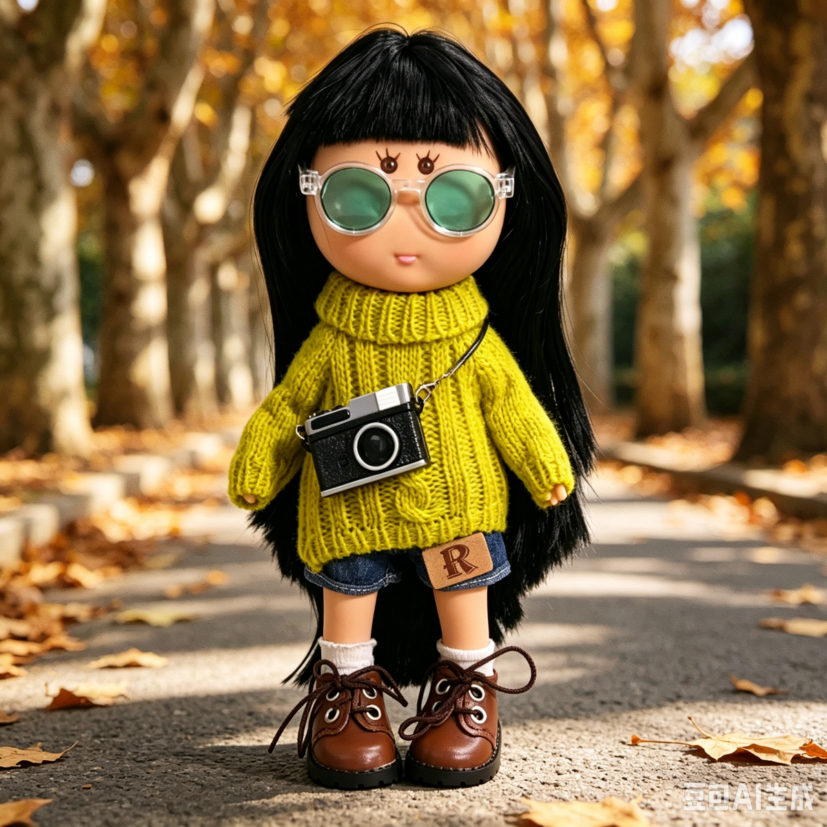 24cm MIA Potato Doll Long Straight Black Hair with Green‑Lens Sunglasses Bright Yellow Cable‑Knit Turtleneck Sweater R‑Patch Denim Shorts Mini Camera Crossbody Bag Brown Lace‑Up Leather Shoes Fashion Dress‑Up Toy Birthday Christmas Gift for Children
