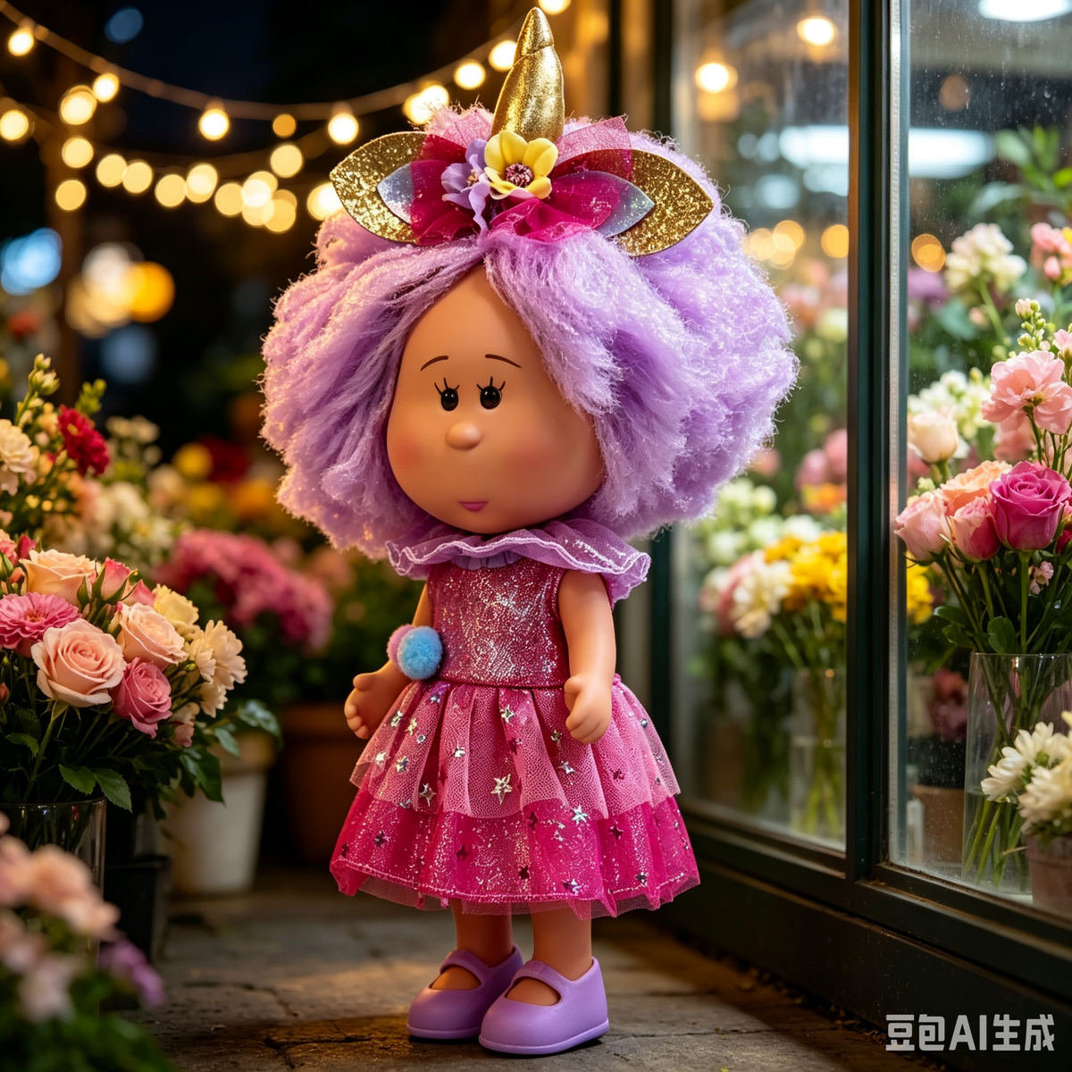 24cm MIA Potato Doll – Fluffy Purple Sparkly Hair with Golden Unicorn Horn Headpiece, Glittery Pink Star‑Print Tulle Dress with Ruffled Collar and Pom‑pom Accents, perfect as a birthday, Christmas, or Halloween gift