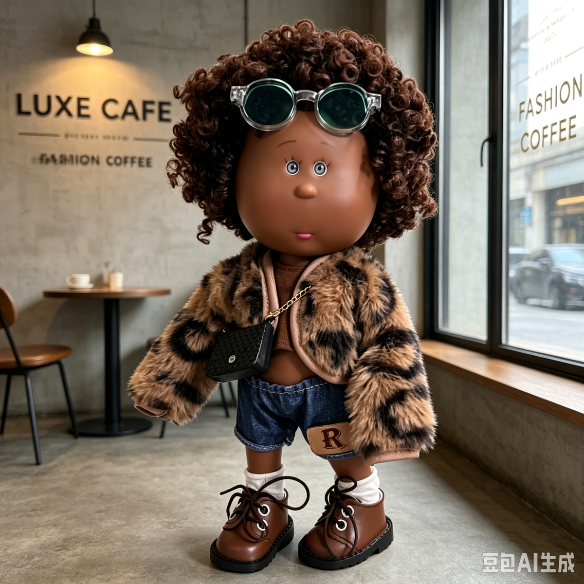 Luxury Street Style MIA Potato Doll 24cm Brown Afro Curly Hair Doll Fur Denim Outfit Pretend Play Collectible Toy Holiday Present for Boys & Girls