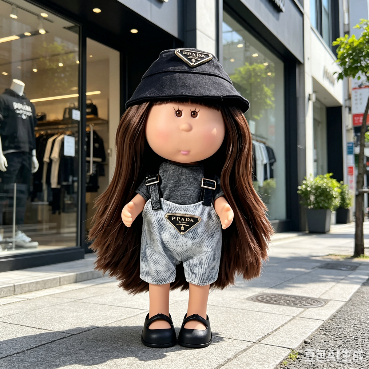 24cm MIA Potato Doll – Long Brown Hair, Fashion Bucket Hat, Overall Shorts, Black Flat Shoes. High‑street fashion doll—perfect as a birthday, Christmas, Children’s Day gift for imaginative play.