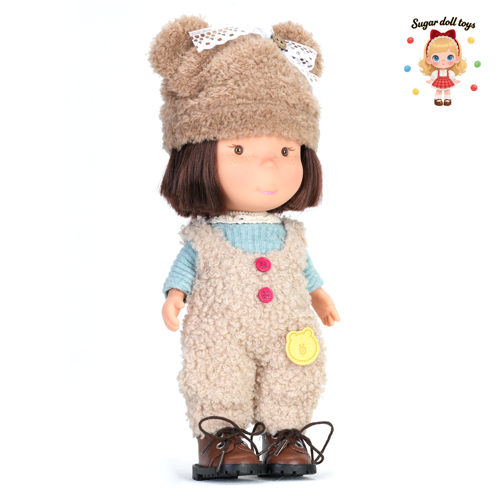 24cm Mia Freckle Long‑Face Doll, Bear Fluffy Hat Fleece Overalls Knit Top Collectible Dress‑Up Doll, Cute Warm Winter Gift for Girls & Doll Lovers