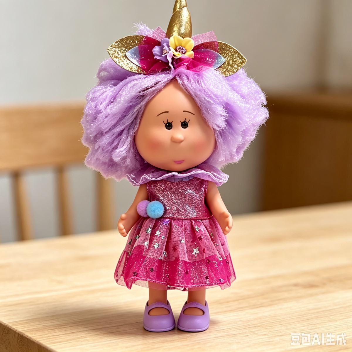 24cm MIA Potato Doll – Fluffy Purple Sparkly Hair with Golden Unicorn Horn Headpiece, Glittery Pink Star‑Print Tulle Dress with Ruffled Collar and Pom‑pom Accents, perfect as a birthday, Christmas, or Halloween gift