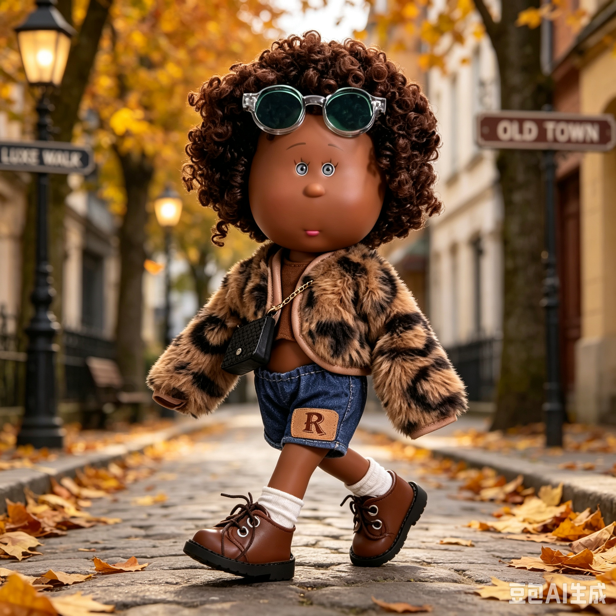 Luxury Street Style MIA Potato Doll 24cm Brown Afro Curly Hair Doll Fur Denim Outfit Pretend Play Collectible Toy Holiday Present for Boys & Girls