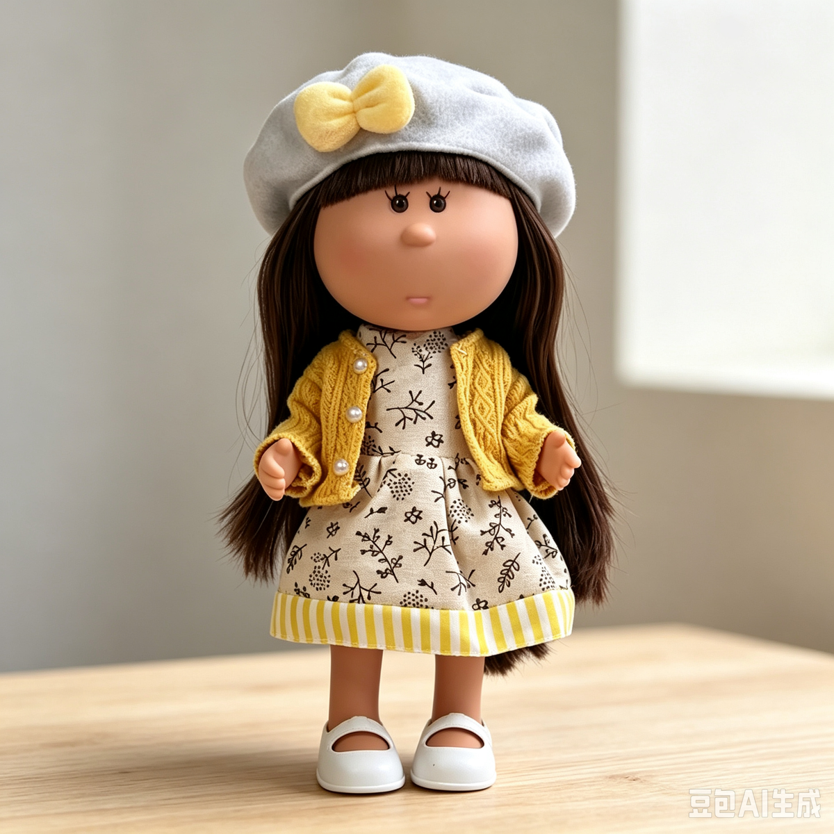 24cm MIA Potato Doll – Long Brown Hair with Straight Bangs, Gray Beret with Yellow Plush Bow, White Mary Jane Shoes. An elegant autumn-style doll—perfect as a birthday, Christmas, or Thanksgiving gift for imaginative play.