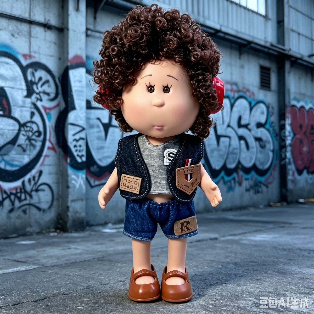 24cm MIA Potato Doll Brown Curly Hair with Red Headphones Gray Inner Shirt Denim Vest Denim Shorts Brown Mary Jane Shoes Fashion Dress‑Up Toy Birthday Christmas Gift for Children