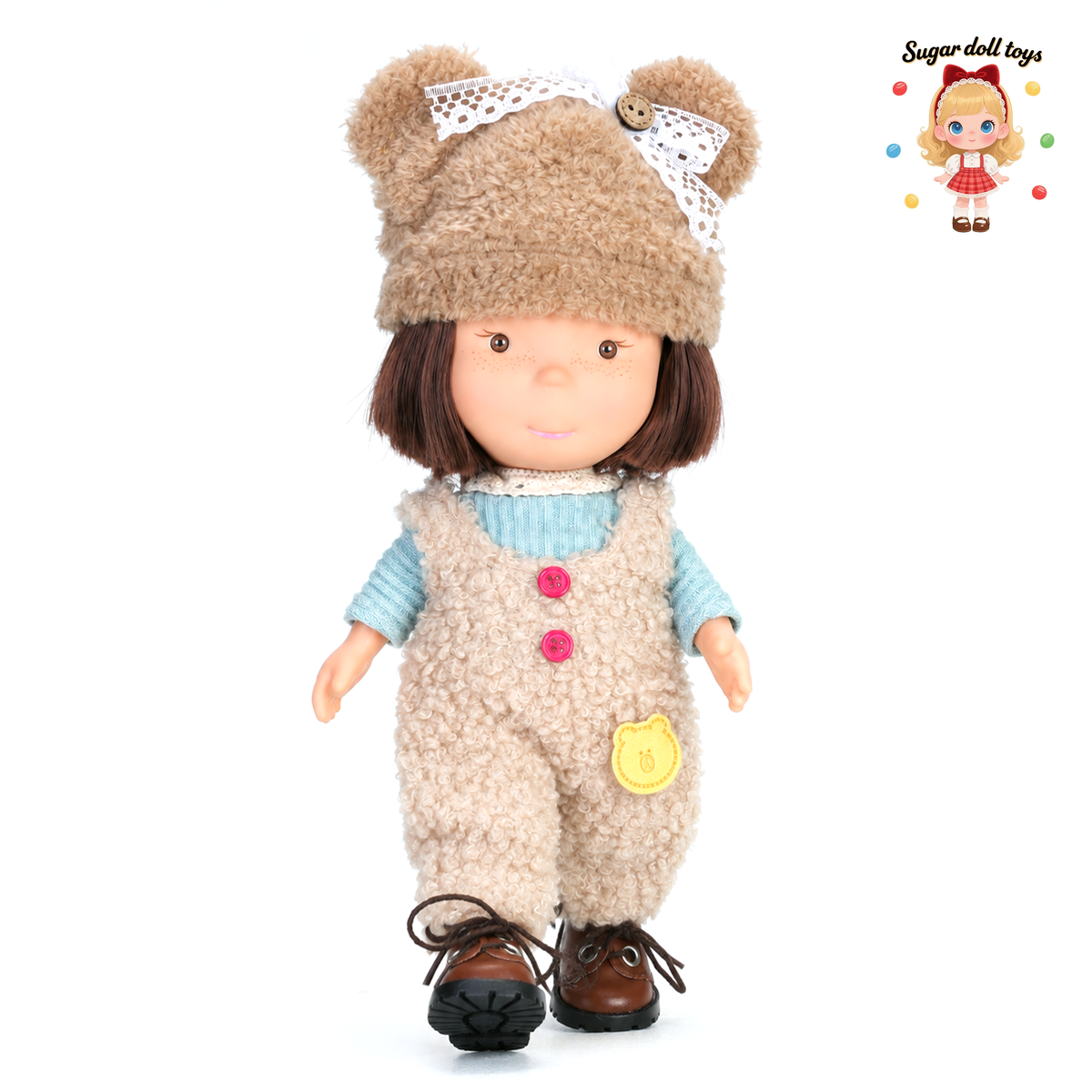 24cm Mia Freckle Long‑Face Doll, Bear Fluffy Hat Fleece Overalls Knit Top Collectible Dress‑Up Doll, Cute Warm Winter Gift for Girls & Doll Lovers