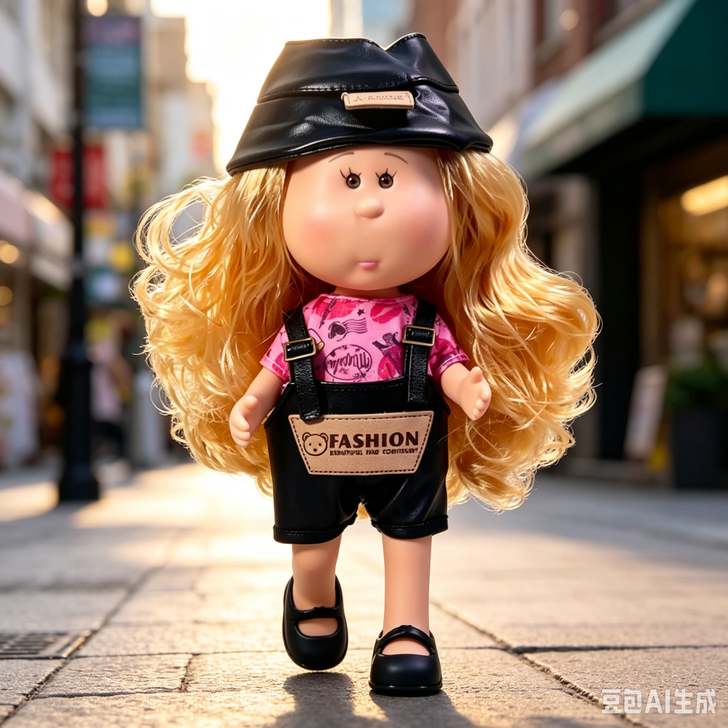 24cm MIA Potato Doll Long Blonde Wavy Hair with Black PU Bucket Hat Pink Printed Short‑Sleeve Shirt Black PU Overalls Black Mary Jane Shoes Fashion Dress‑Up Toy Birthday Christmas Gift for Children