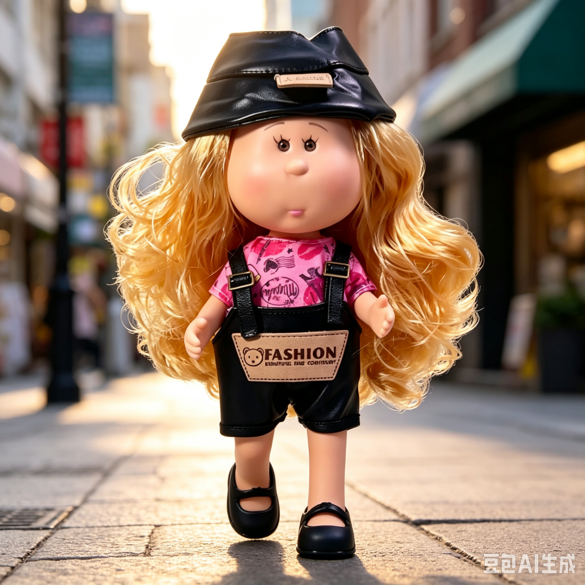 24cm MIA Potato Doll Long Blonde Wavy Hair with Black PU Bucket Hat Pink Printed Short‑Sleeve Shirt Black PU Overalls Black Mary Jane Shoes Fashion Dress‑Up Toy Birthday Christmas Gift for Children