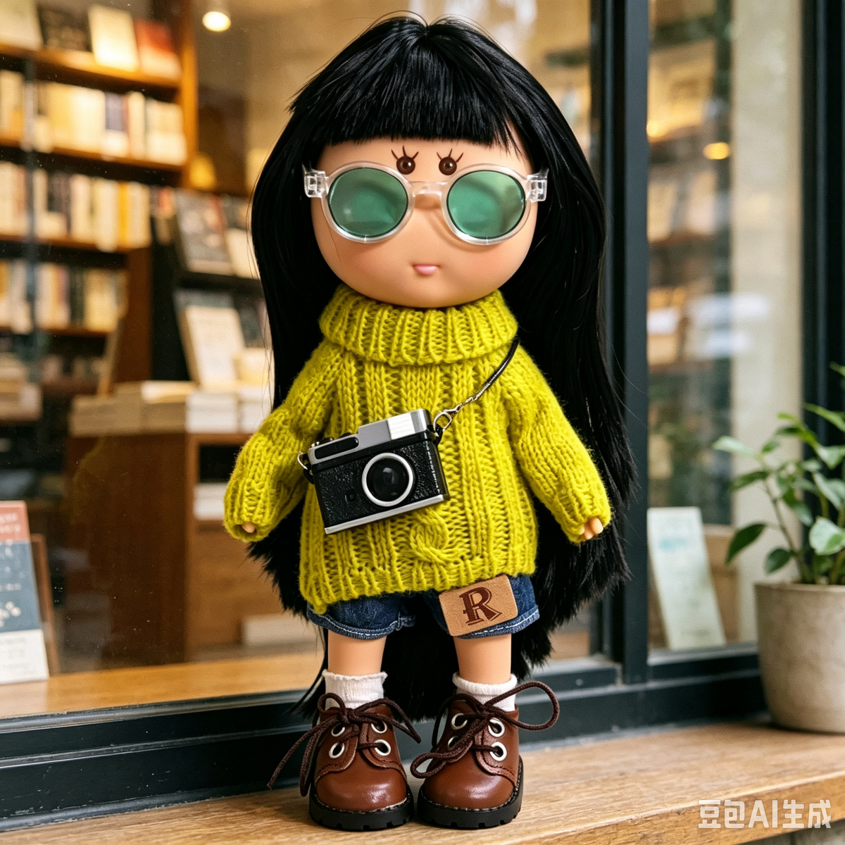 24cm MIA Potato Doll Long Straight Black Hair with Green‑Lens Sunglasses Bright Yellow Cable‑Knit Turtleneck Sweater R‑Patch Denim Shorts Mini Camera Crossbody Bag Brown Lace‑Up Leather Shoes Fashion Dress‑Up Toy Birthday Christmas Gift for Children