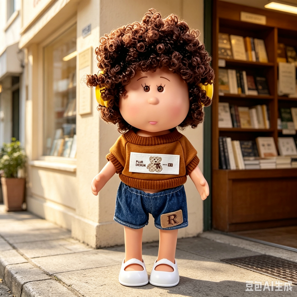 24cm MIA Potato Doll Brown Curly Hair with Yellow Headphones Knit Top Denim Shorts White Flat Shoes Fashion Dress‑Up Toy Birthday Christmas Gift for Children