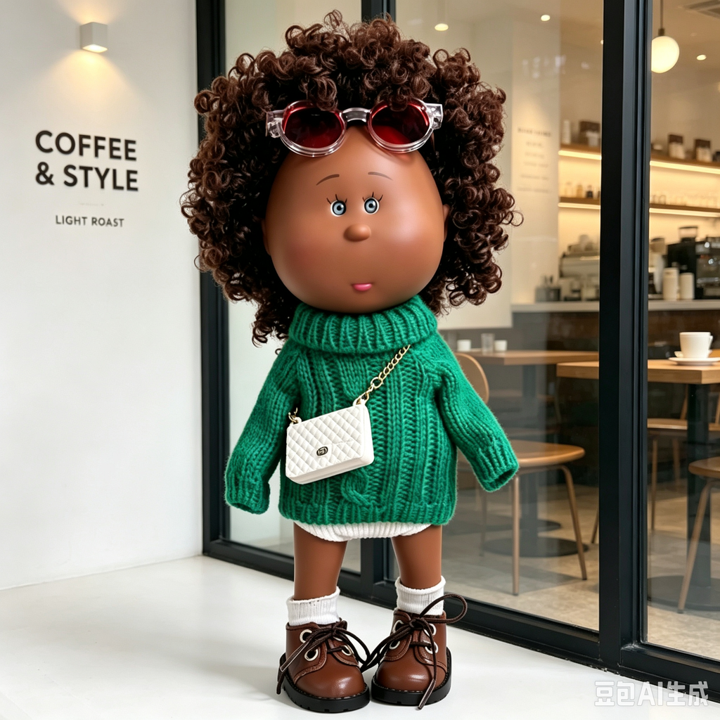 24cm MIA Potato Doll Fluffy Brown Curly Hair with Red‑Tint Sunglasses Thick Cable‑Knit Green Turtleneck Sweater White Quilted Mini Crossbody Bag White Crew Socks Brown Lace‑Up Leather Shoes Fashion Dress‑Up Toy Birthday Christmas Gift for Children