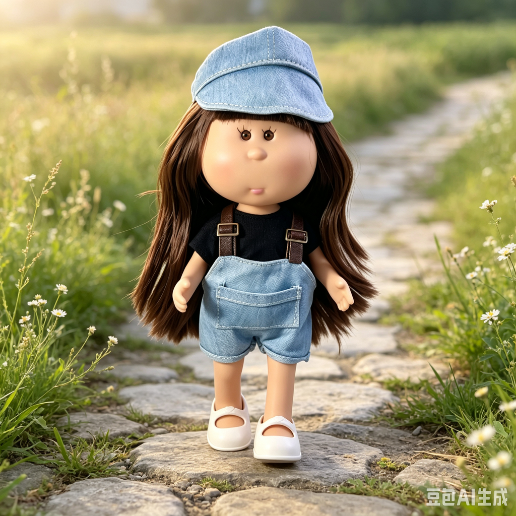 24cm MIA Potato Doll – Long Brown Hair with Bangs, Denim Cap, Denim Overalls, White Flat Shoes. Vintage Casual Style Doll—perfect as a birthday, Christmas, Children’s Day gift for imaginative play.